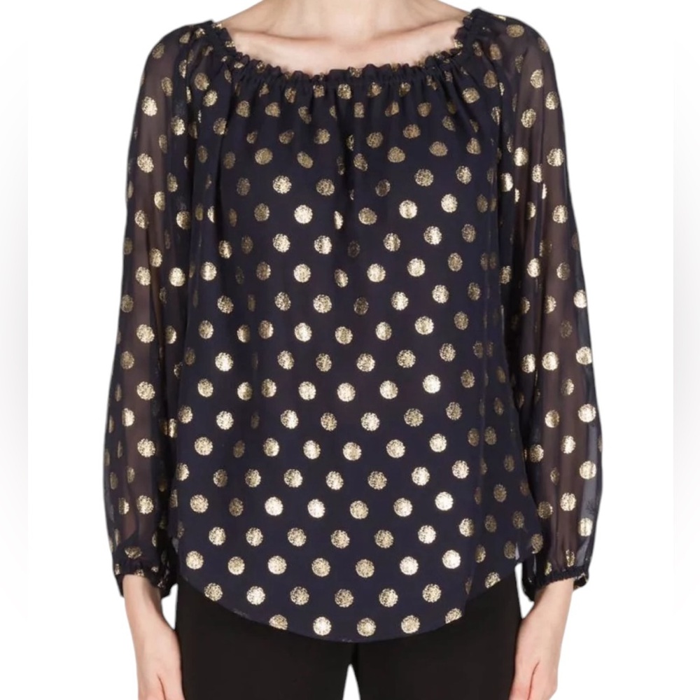 Joseph Ribkoff Midnight/Blue/Gold Metallic Dot Blouse with Stretch Shoulder